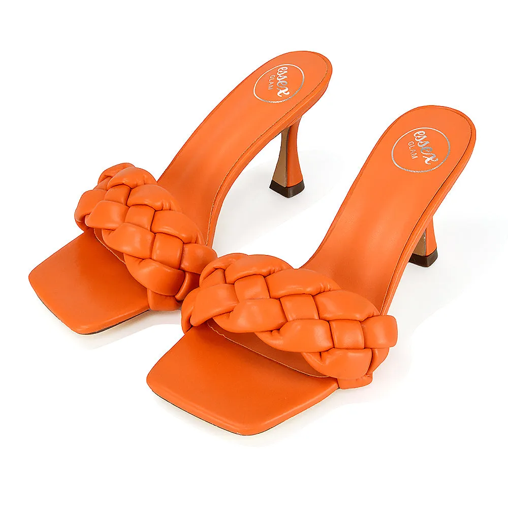 Lilah Woven Strap Square Toe Stiletto mid High Heel Mule Slip on Sandals in Orange