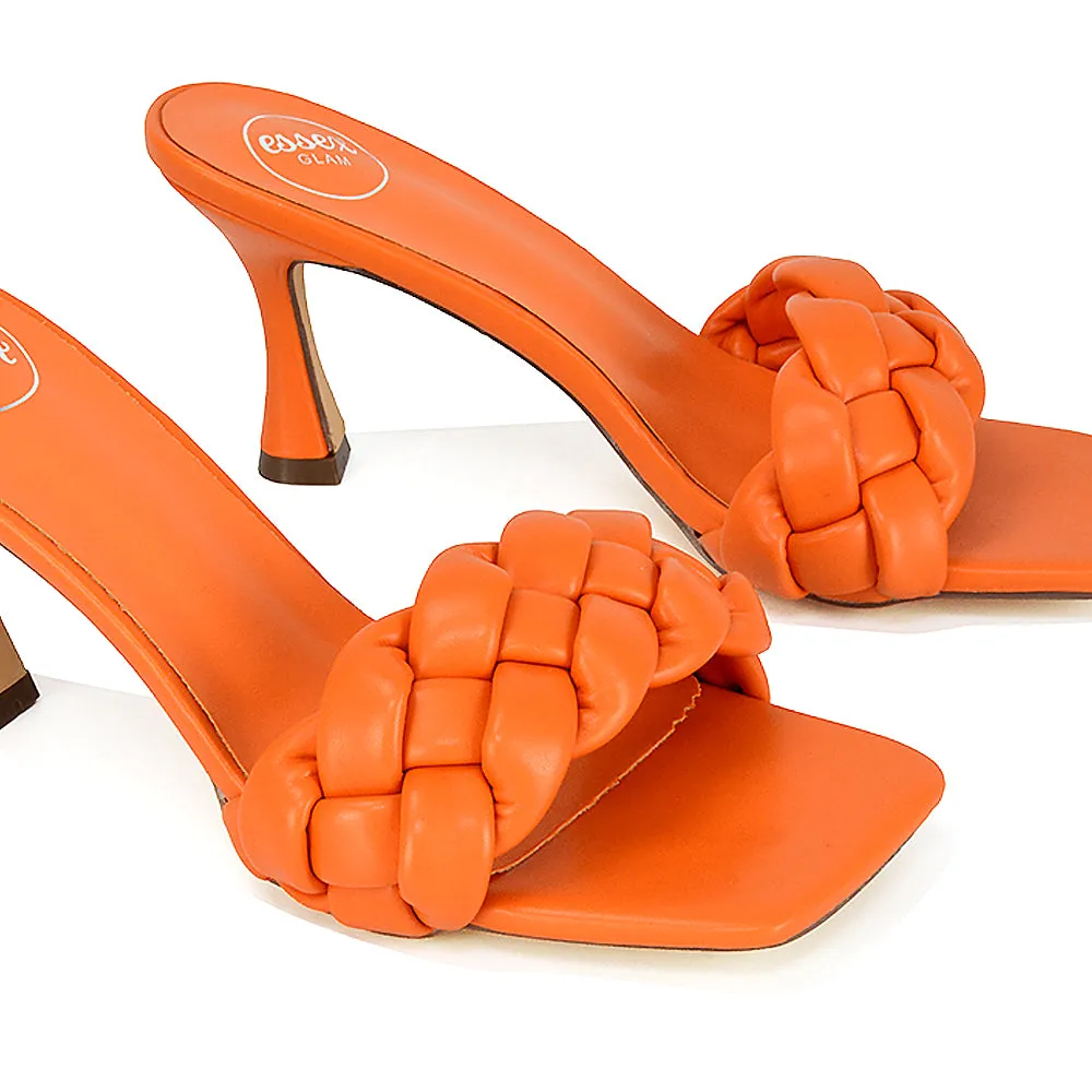 Lilah Woven Strap Square Toe Stiletto mid High Heel Mule Slip on Sandals in Orange