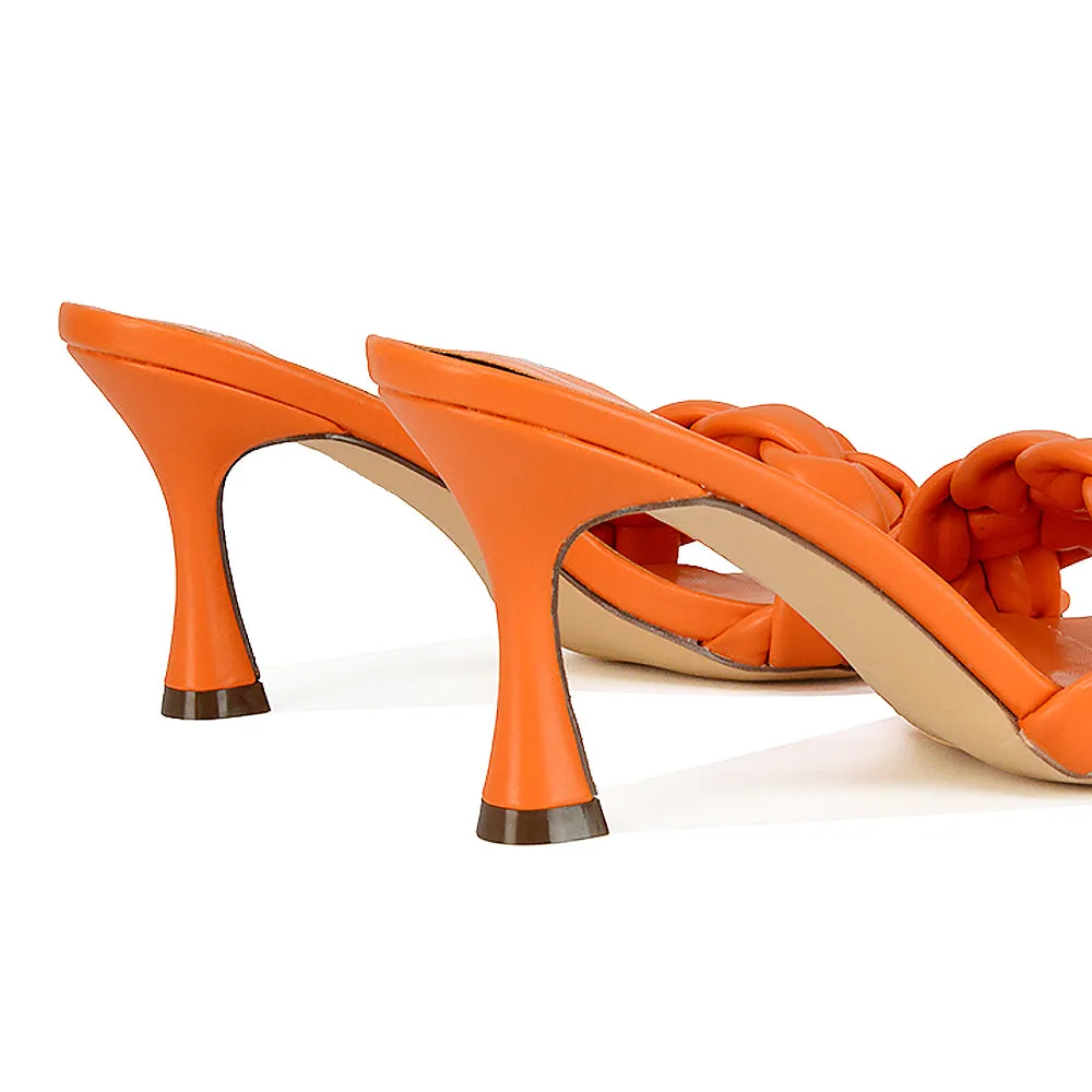 Lilah Woven Strap Square Toe Stiletto mid High Heel Mule Slip on Sandals in Orange