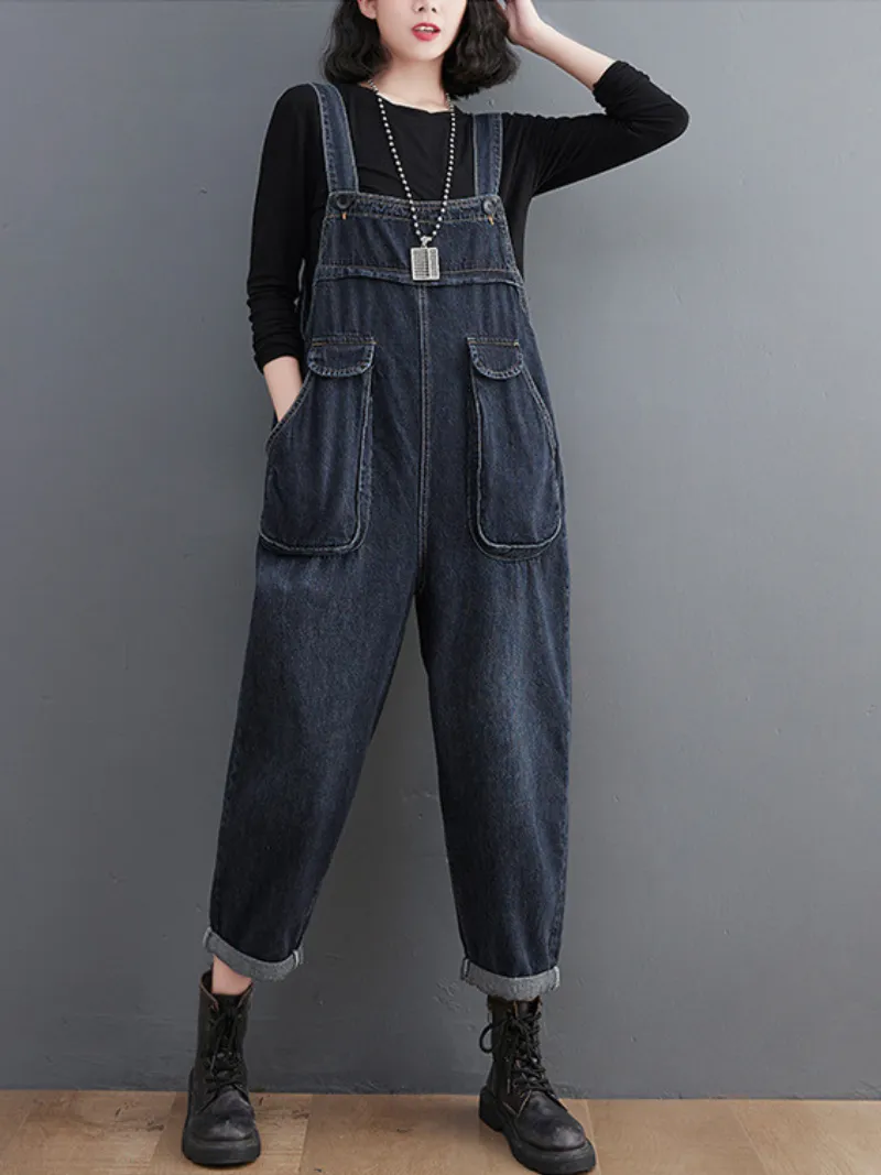 Literary Retro Large Size Loose Black Denim Overalls