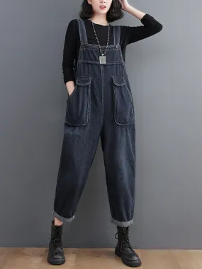 Literary Retro Large Size Loose Black Denim Overalls