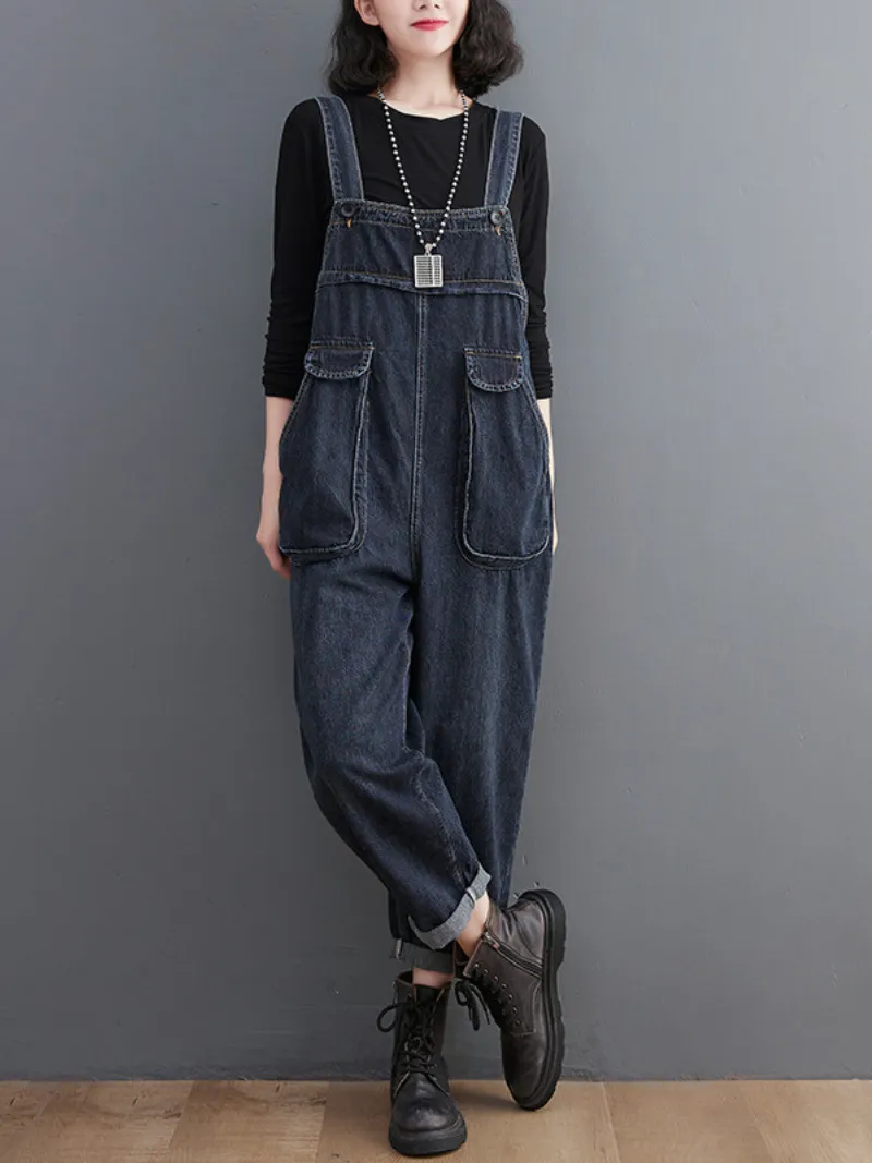 Literary Retro Large Size Loose Black Denim Overalls