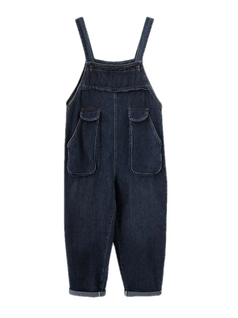 Literary Retro Large Size Loose Black Denim Overalls