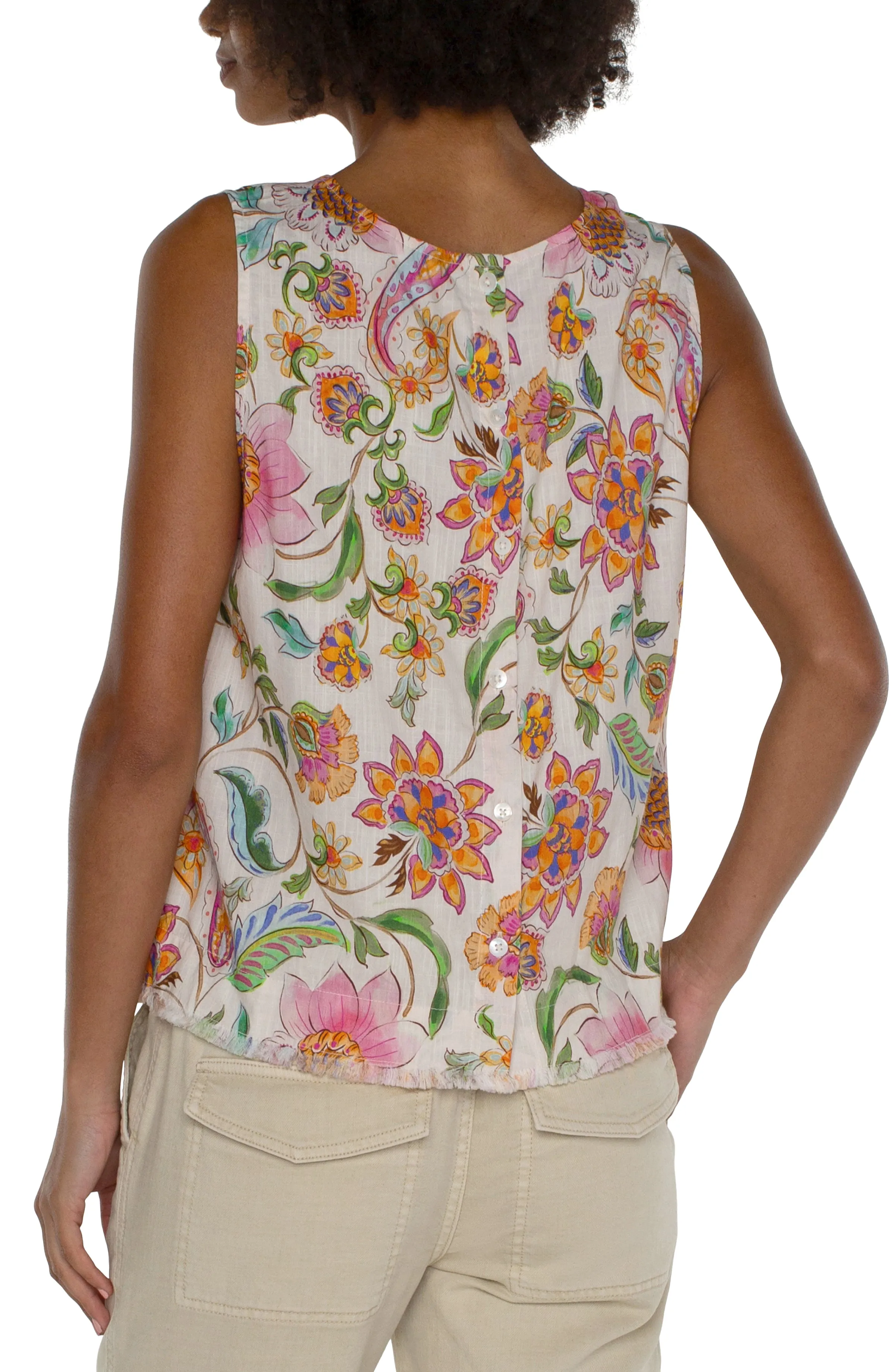 Liverpool Sleeveless Woven Top w/ Button Back & Fray Hem (pink multi floral)