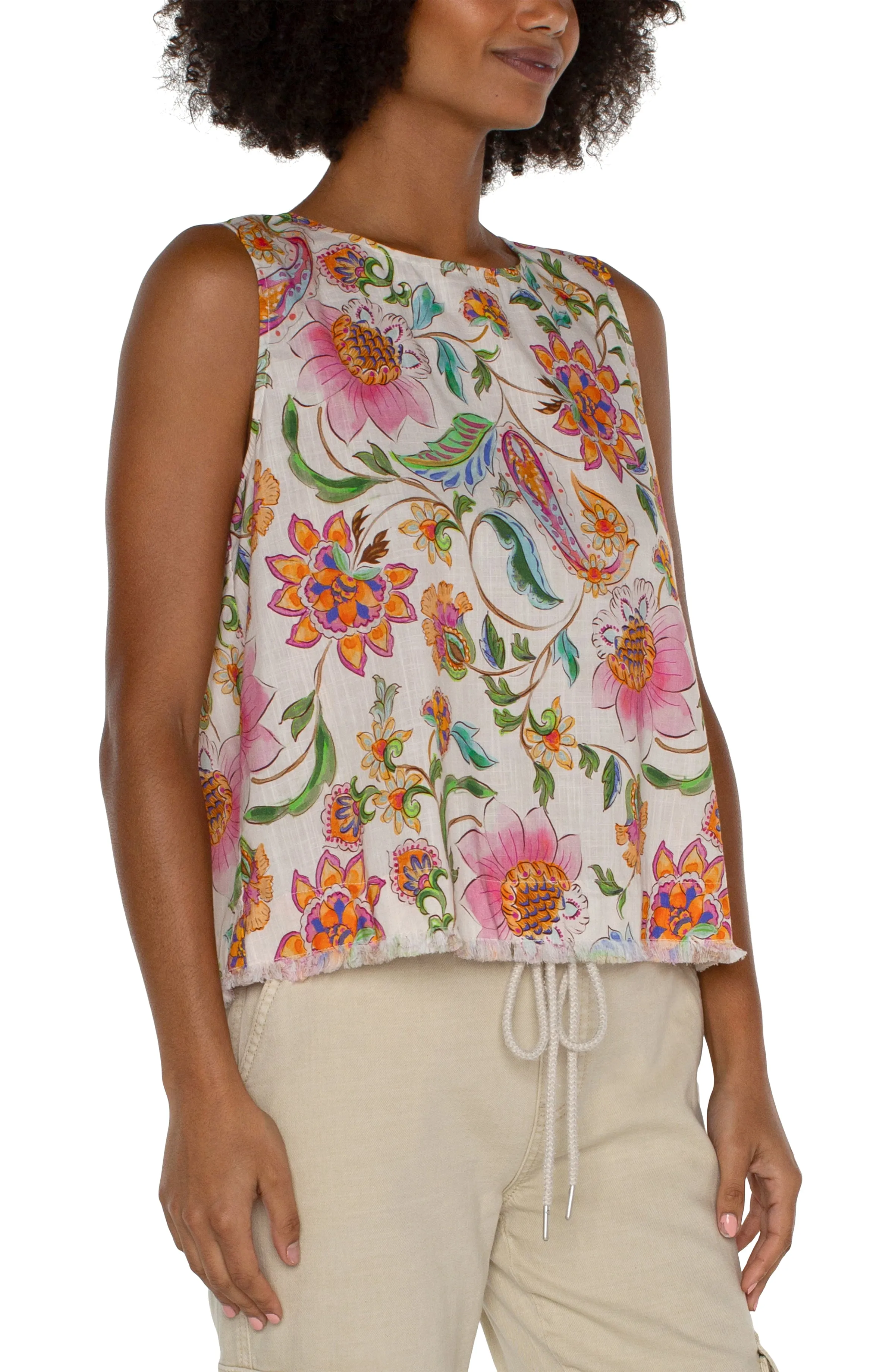 Liverpool Sleeveless Woven Top w/ Button Back & Fray Hem (pink multi floral)