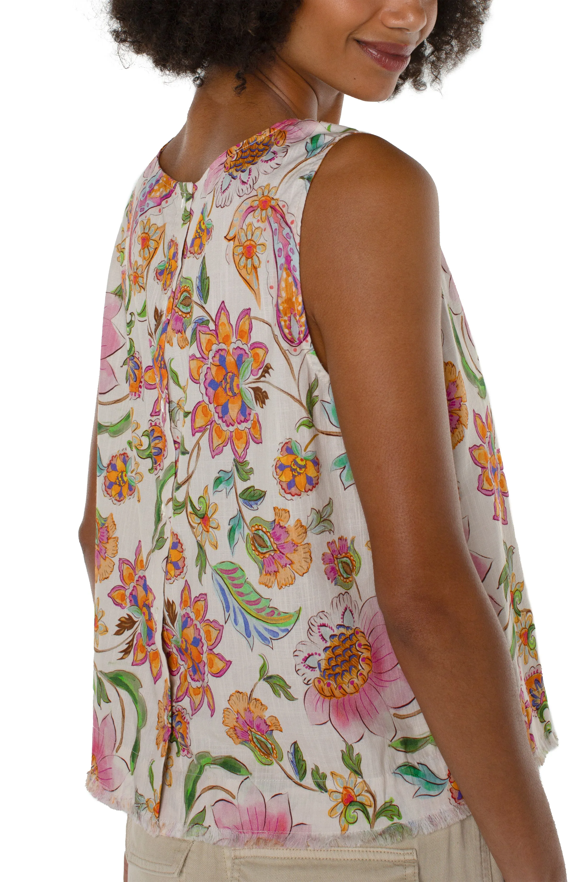 Liverpool Sleeveless Woven Top w/ Button Back & Fray Hem (pink multi floral)