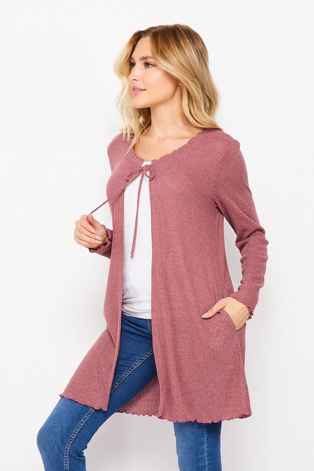 Long Sleeve Cardigan with Lettuce Edging and Pockets