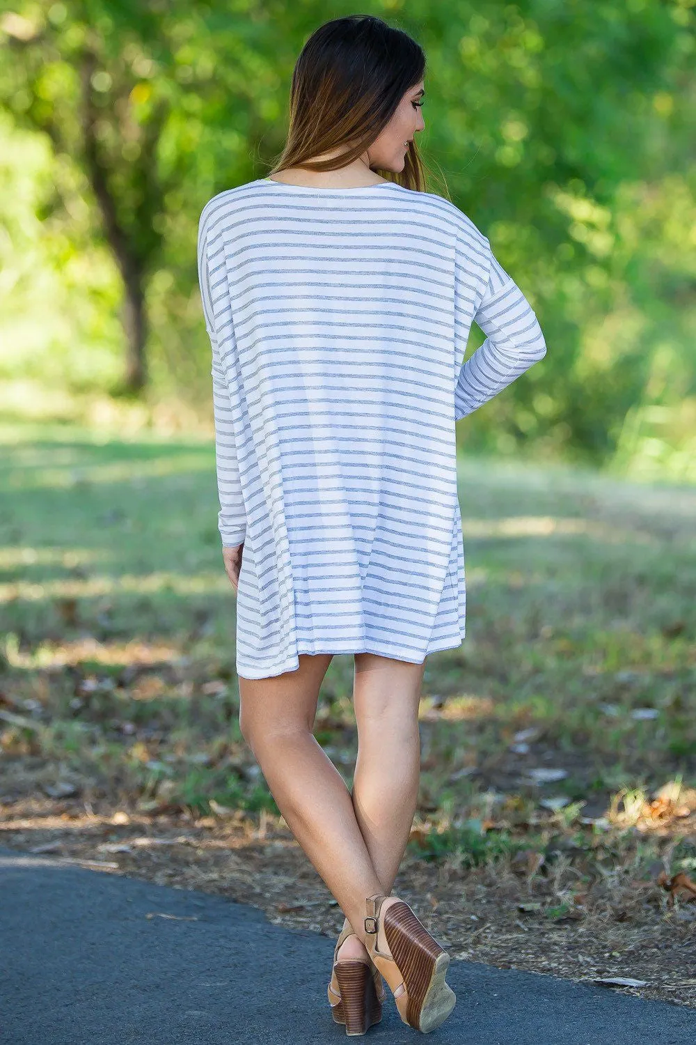 Long Sleeve Tiny Stripe Piko Tunic - White/Heather (FINAL SALE)