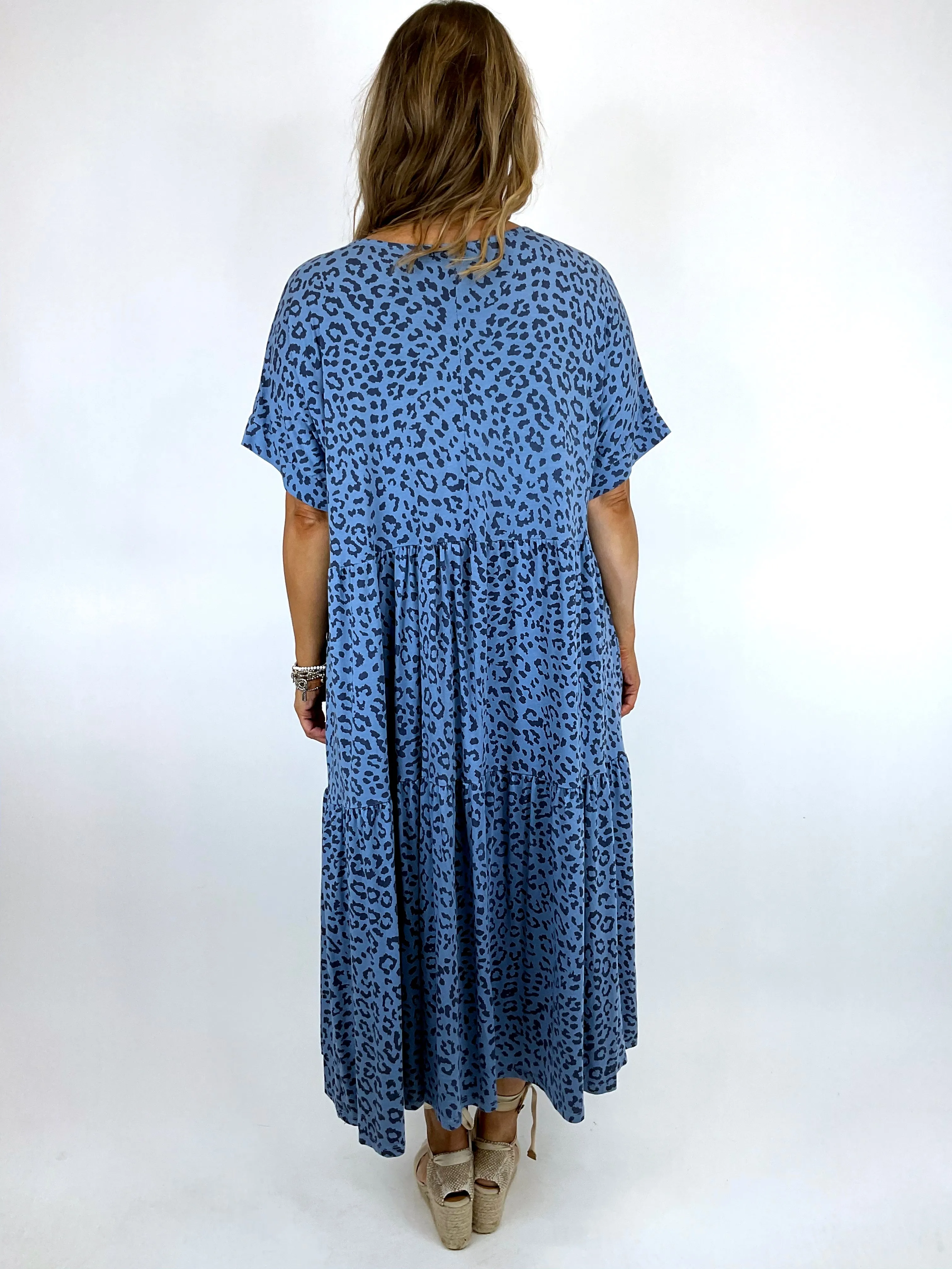 Made in Italy Lagenlook Margo Leopard Print Tunic Top in Denim. 10666