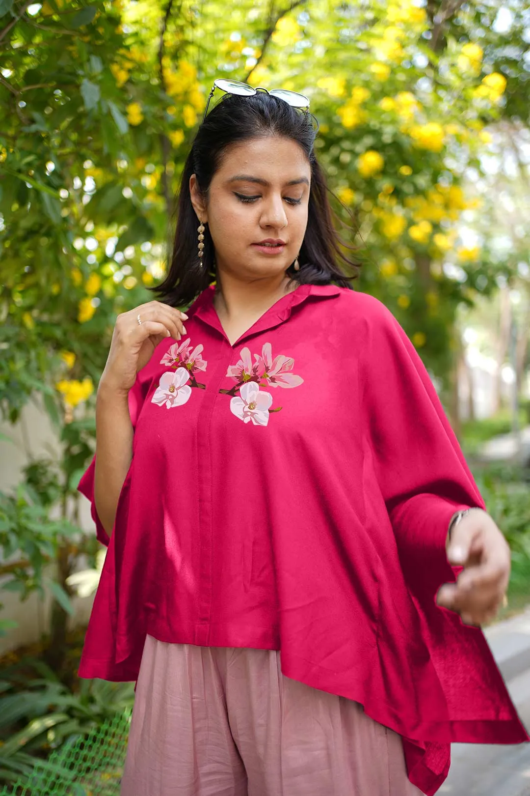 Magenta Rayon KaftanTop & Blush Palazzo - Cherry