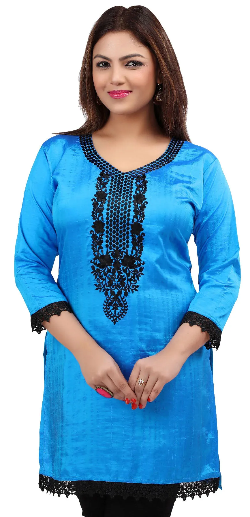 Maple Clothing Kurti Women's Blouse Embroidered Indian Clothing (Blue)