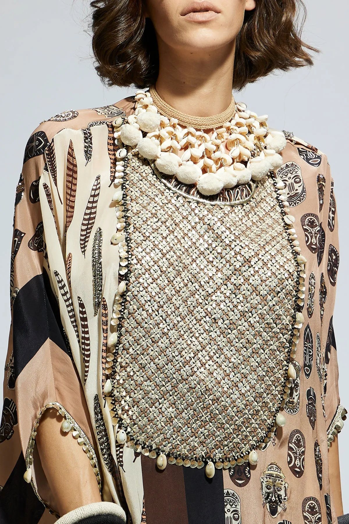 Mask and Feather Metallic Embroidered Yoke Short Kaftan Paired Wth Drape Skirt