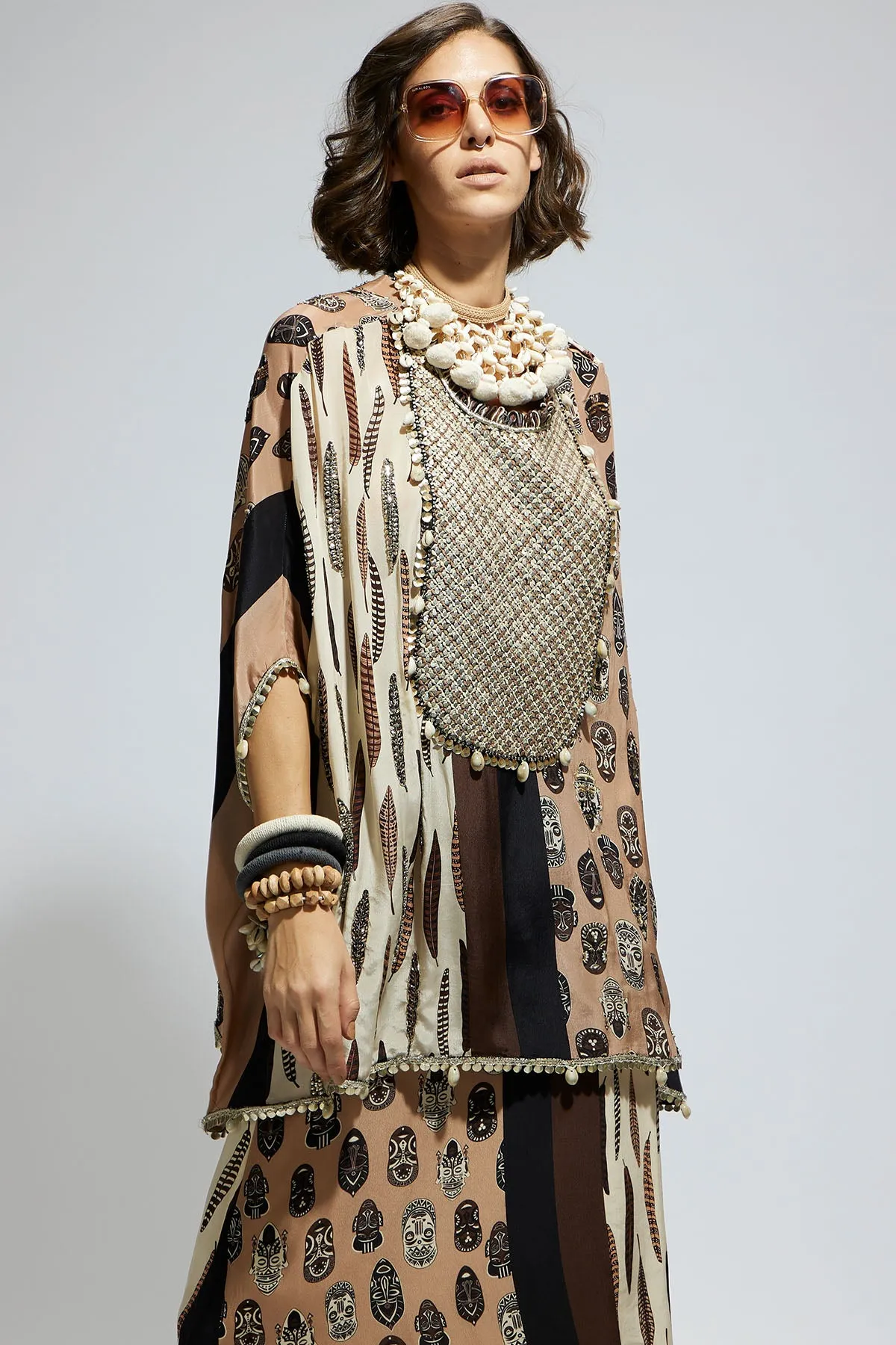 Mask and Feather Metallic Embroidered Yoke Short Kaftan Paired Wth Drape Skirt