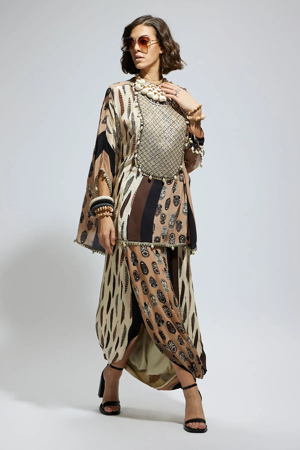 Mask and Feather Metallic Embroidered Yoke Short Kaftan Paired Wth Drape Skirt