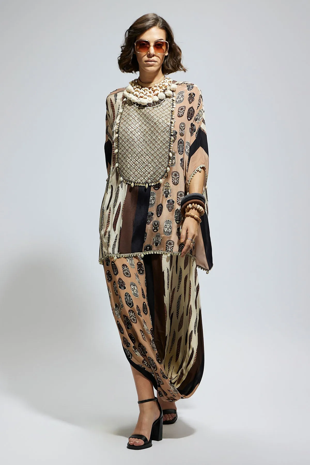 Mask and Feather Metallic Embroidered Yoke Short Kaftan Paired Wth Drape Skirt