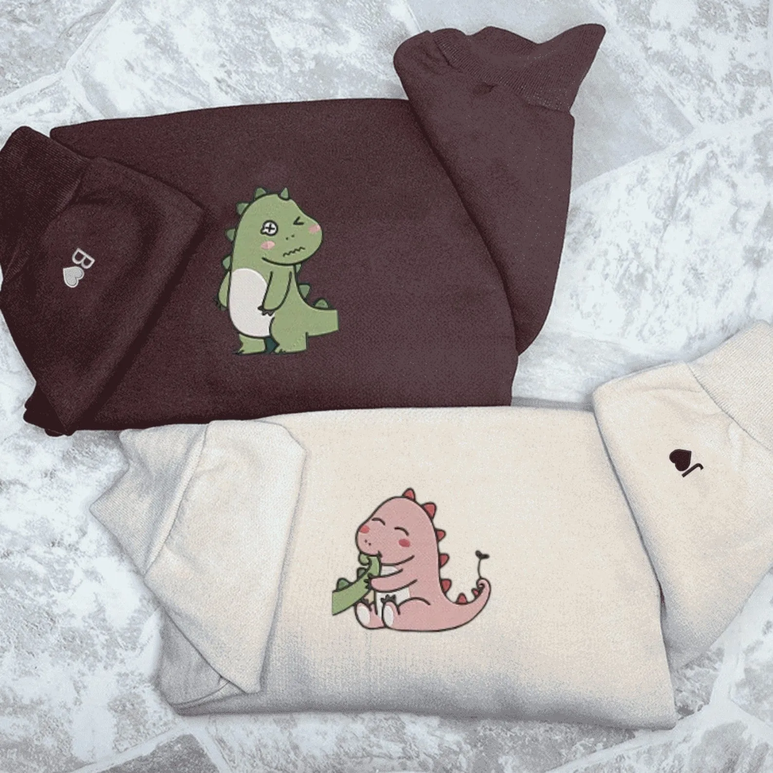 Matching Couple Hoodies - Cute Dinosaur Couple Custom Embroidered Sweatshirts For Couples