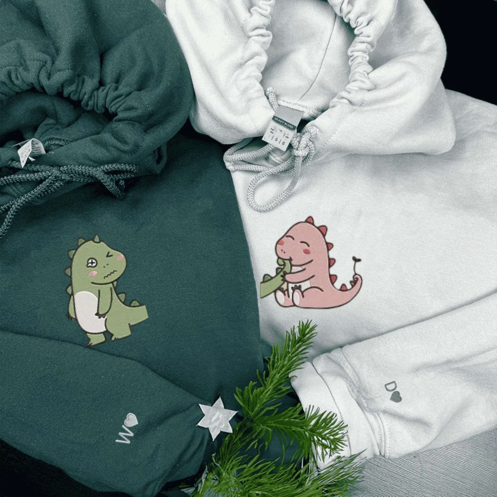 Matching Couple Hoodies - Cute Dinosaur Couple Custom Embroidered Sweatshirts For Couples