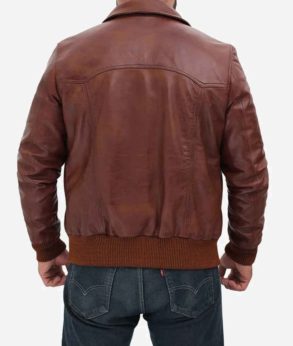 Mens Tan Shirt Collar Leather Bomber Jacket