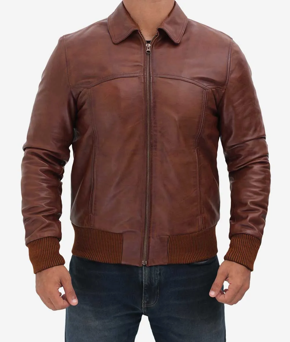 Mens Tan Shirt Collar Leather Bomber Jacket