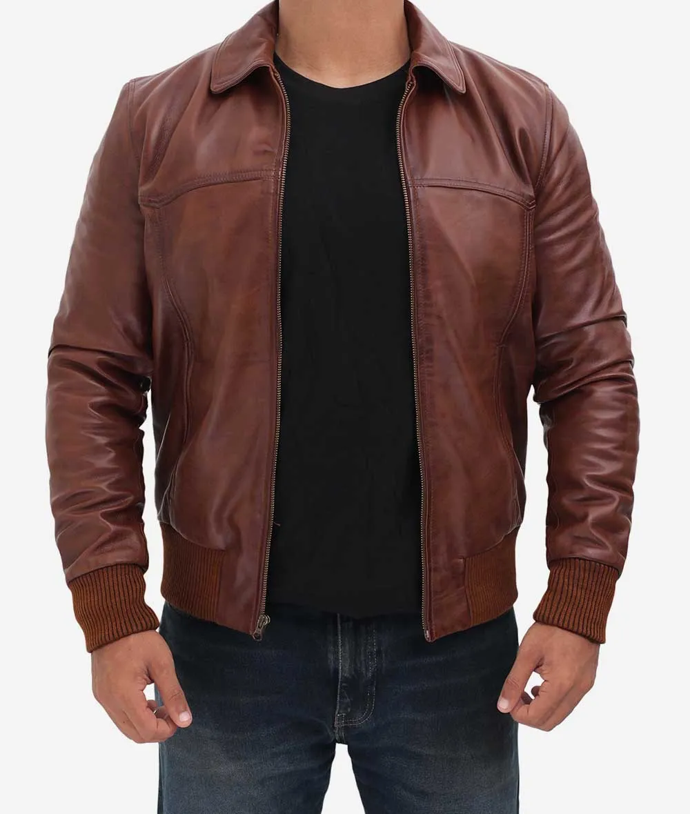 Mens Tan Shirt Collar Leather Bomber Jacket