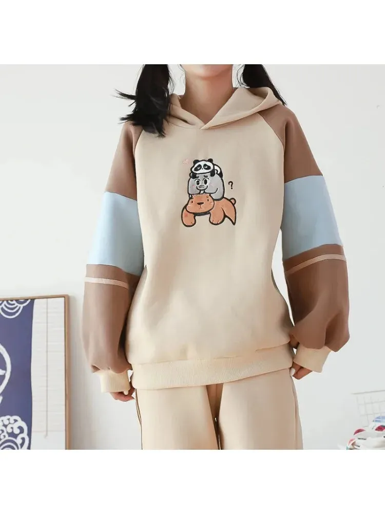 Metaversmall Cartoon Animal Embroider Harajuku Fleece Women Hoodies Winter Thick Drawstring Patchwork Hooded Sweatshirt Female Tops