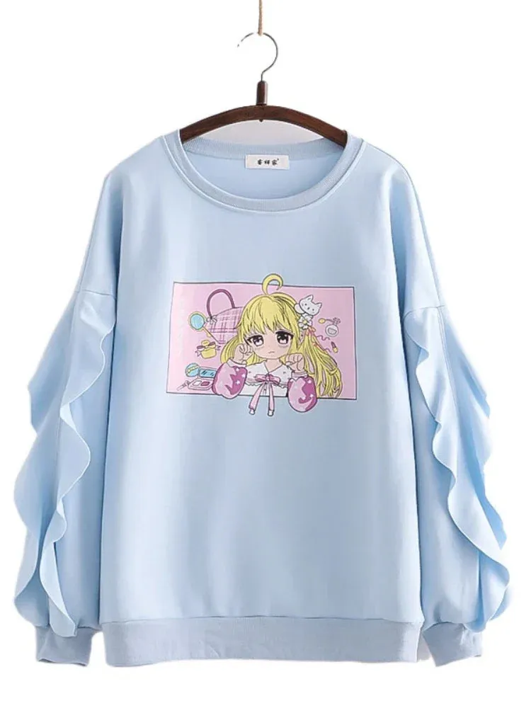 Metaversmall Cartoon Print Harakuju Women Sweatshirts Winter Long Sleeve Ruffes Patchwork Pullovers Sweet Style Female Kawaii Cute Tops