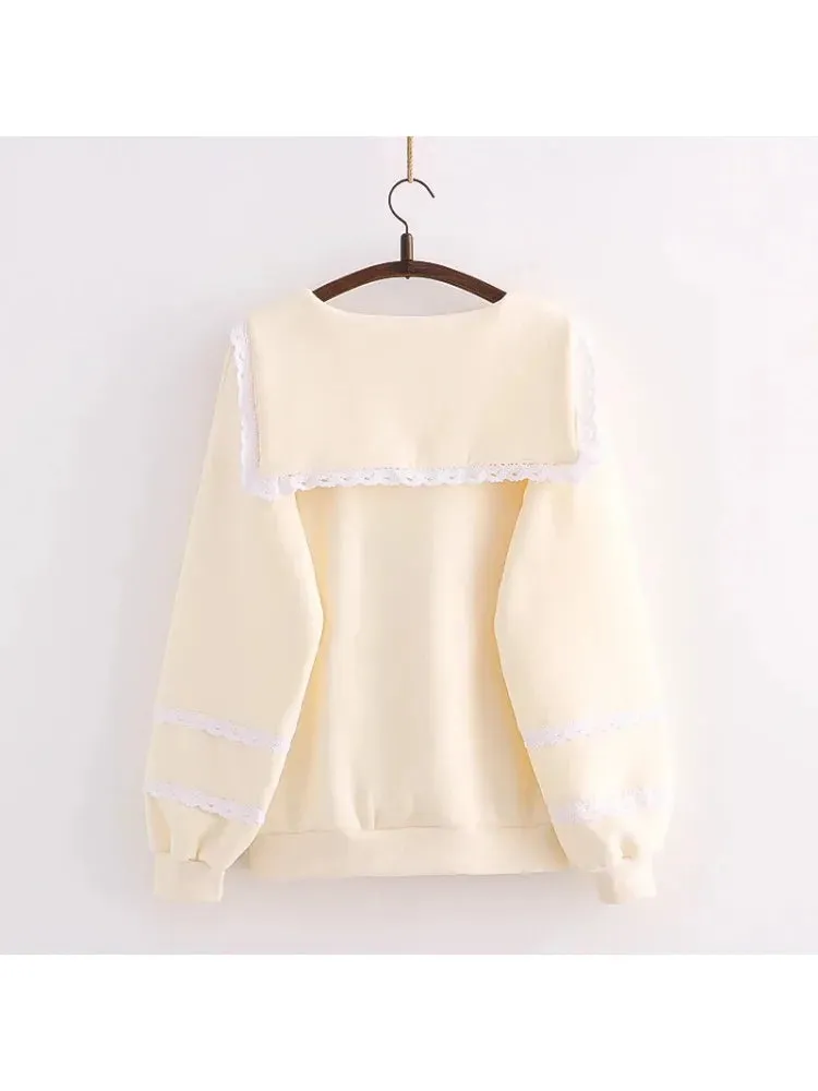 Metaversmall Sweet Style Kawaii Cute Women Sweatshirts Cartoon Rabbit Print Lace Patchwork Pullovers Winter Ladies Cotton Sudadera Tops