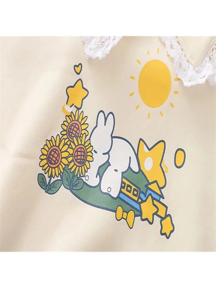 Metaversmall Sweet Style Kawaii Cute Women Sweatshirts Cartoon Rabbit Print Lace Patchwork Pullovers Winter Ladies Cotton Sudadera Tops