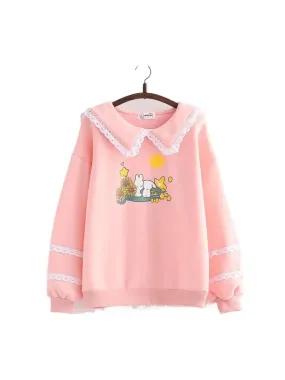 Metaversmall Sweet Style Kawaii Cute Women Sweatshirts Cartoon Rabbit Print Lace Patchwork Pullovers Winter Ladies Cotton Sudadera Tops