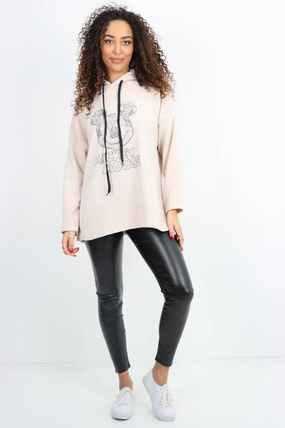 Mickey Print Corduroy Hooded Long sleeve Tunic Top