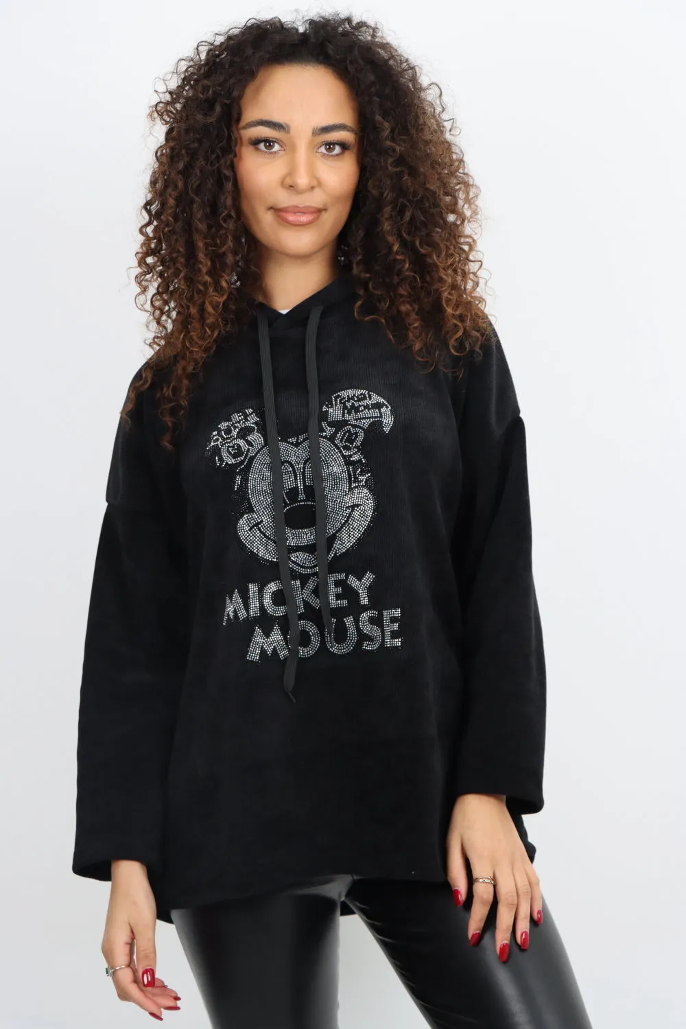 Mickey Print Corduroy Hooded Long sleeve Tunic Top