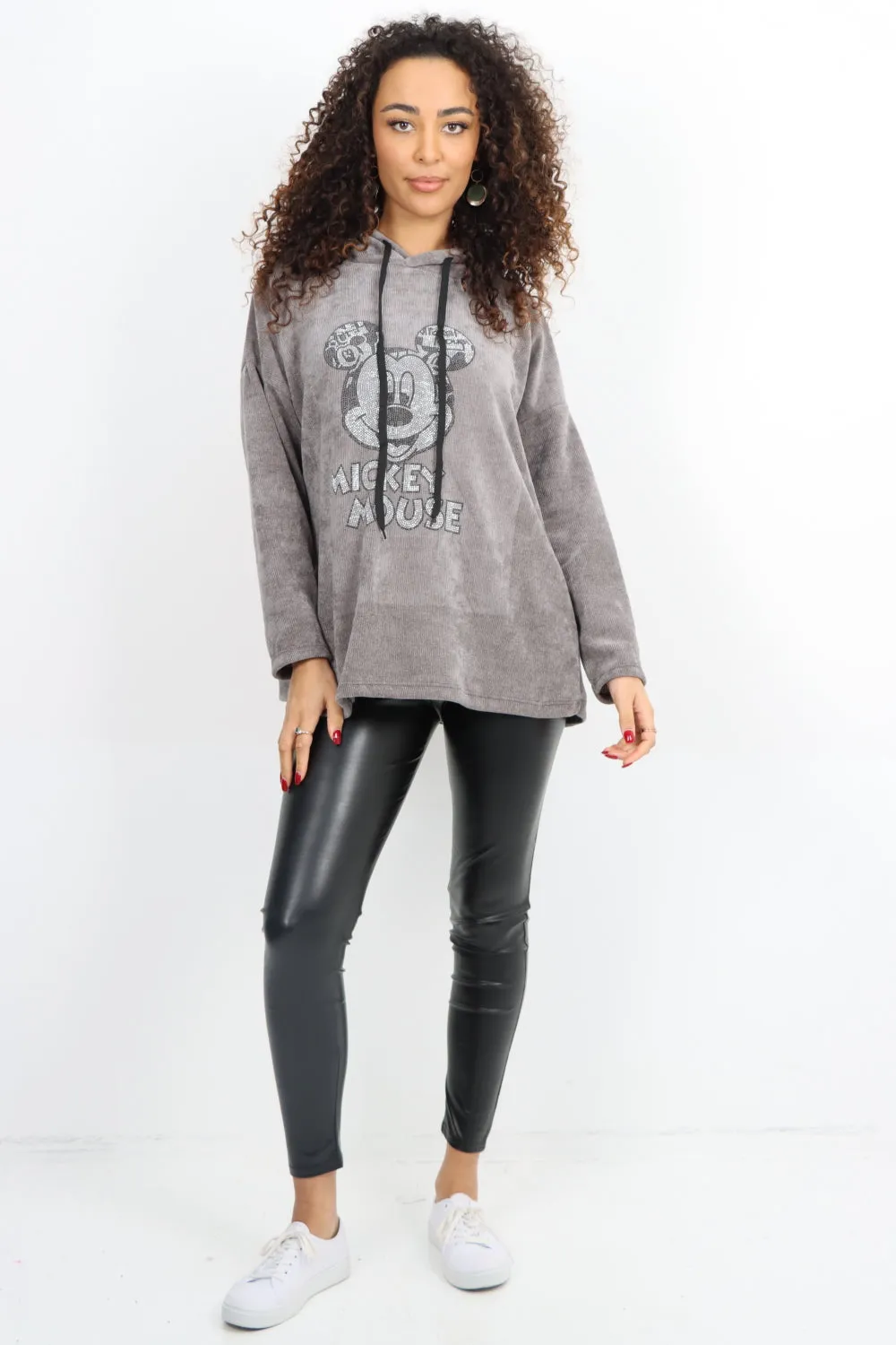 Mickey Print Corduroy Hooded Long sleeve Tunic Top