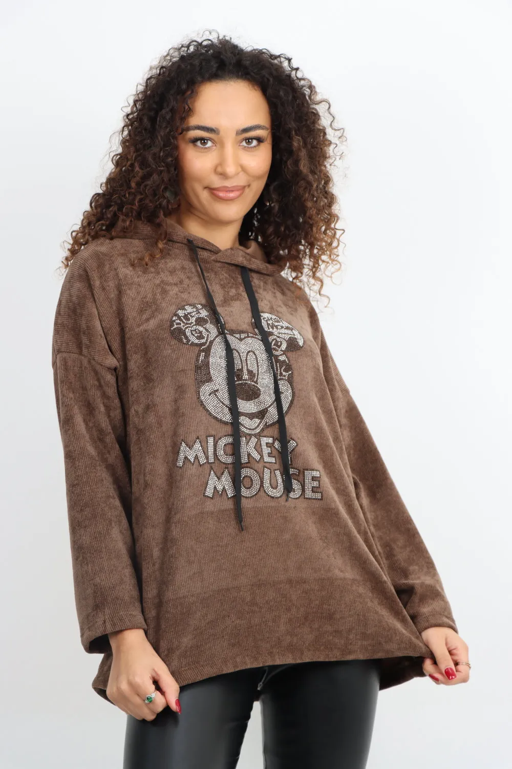 Mickey Print Corduroy Hooded Long sleeve Tunic Top