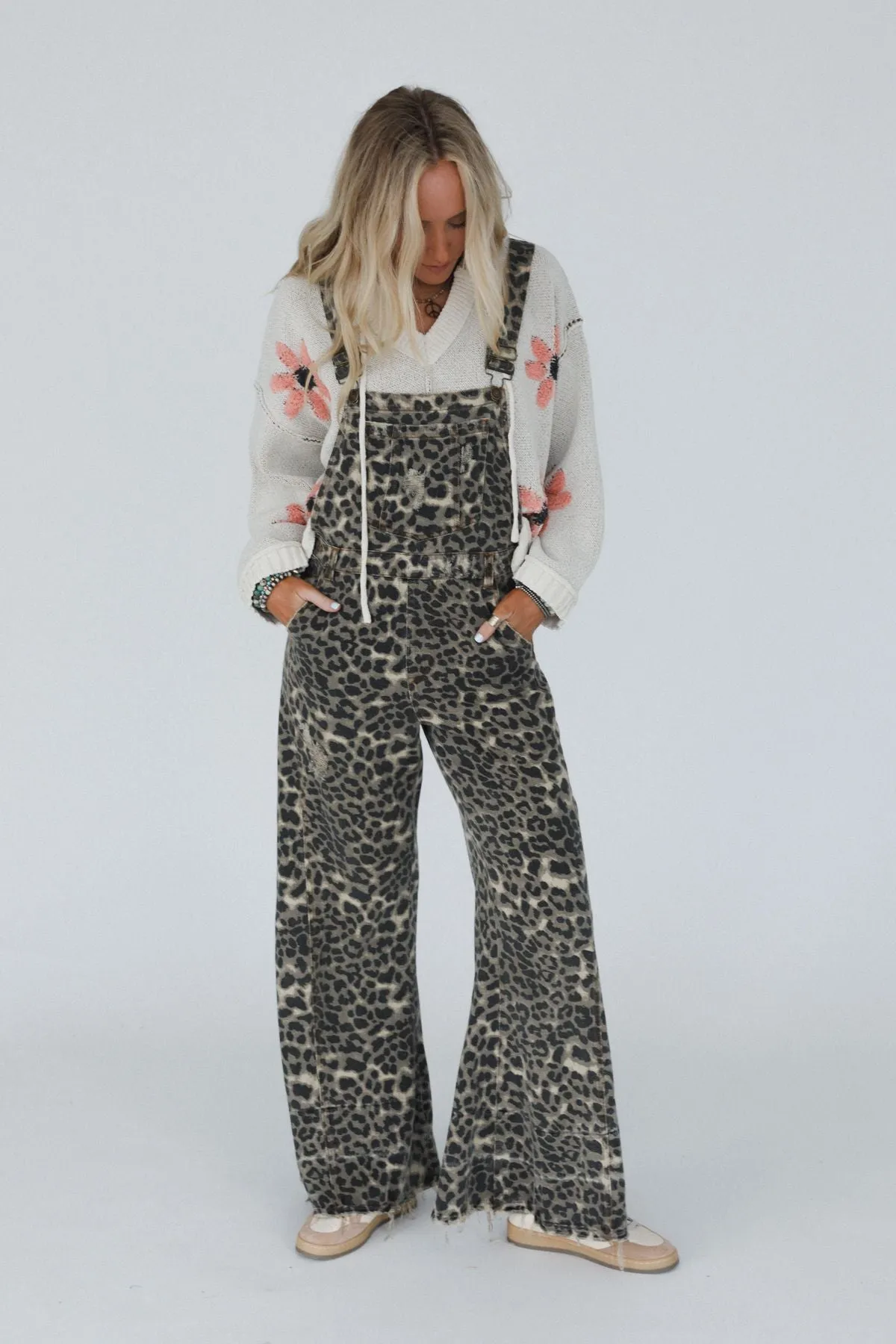 Milly Distressed Hem Wide Leg Overall - Brown Leopard