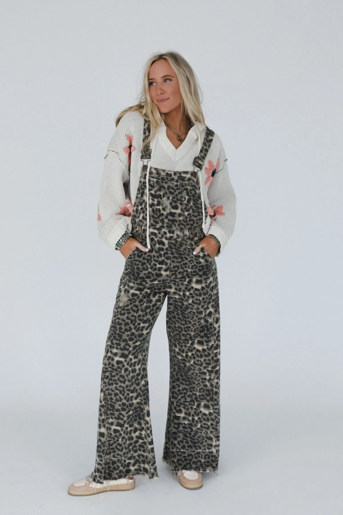 Milly Distressed Hem Wide Leg Overall - Brown Leopard