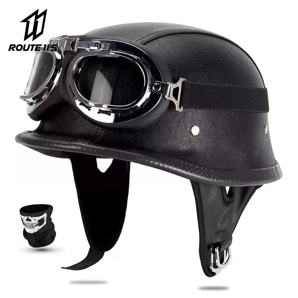 Motorcycle Helmet Leather Helmet for Motorcycle BLACK Motorcycle Open Face Half Helmet Retro Moto Helmet Summer Casco Moto DOT