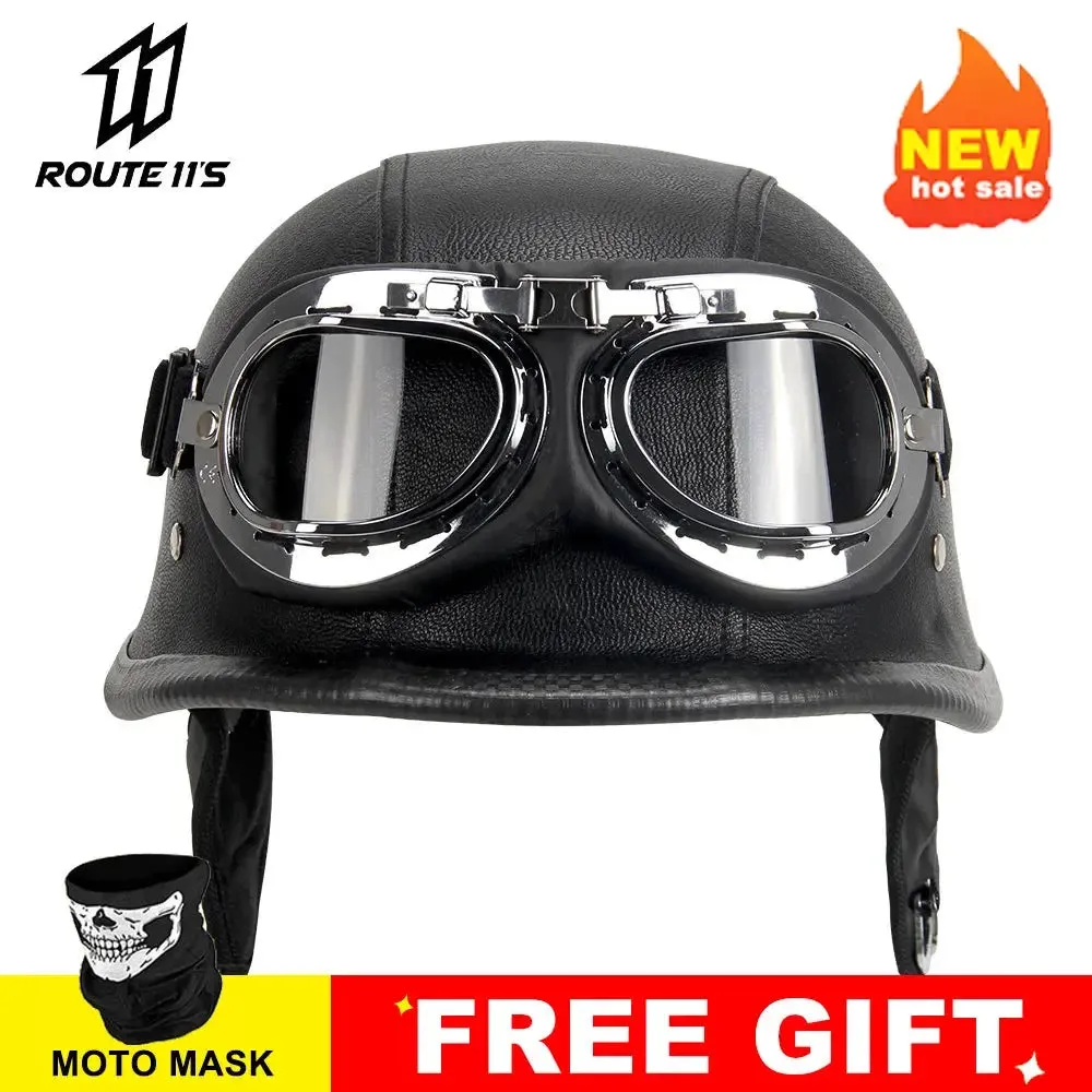 Motorcycle Helmet Leather Helmet for Motorcycle BLACK Motorcycle Open Face Half Helmet Retro Moto Helmet Summer Casco Moto DOT