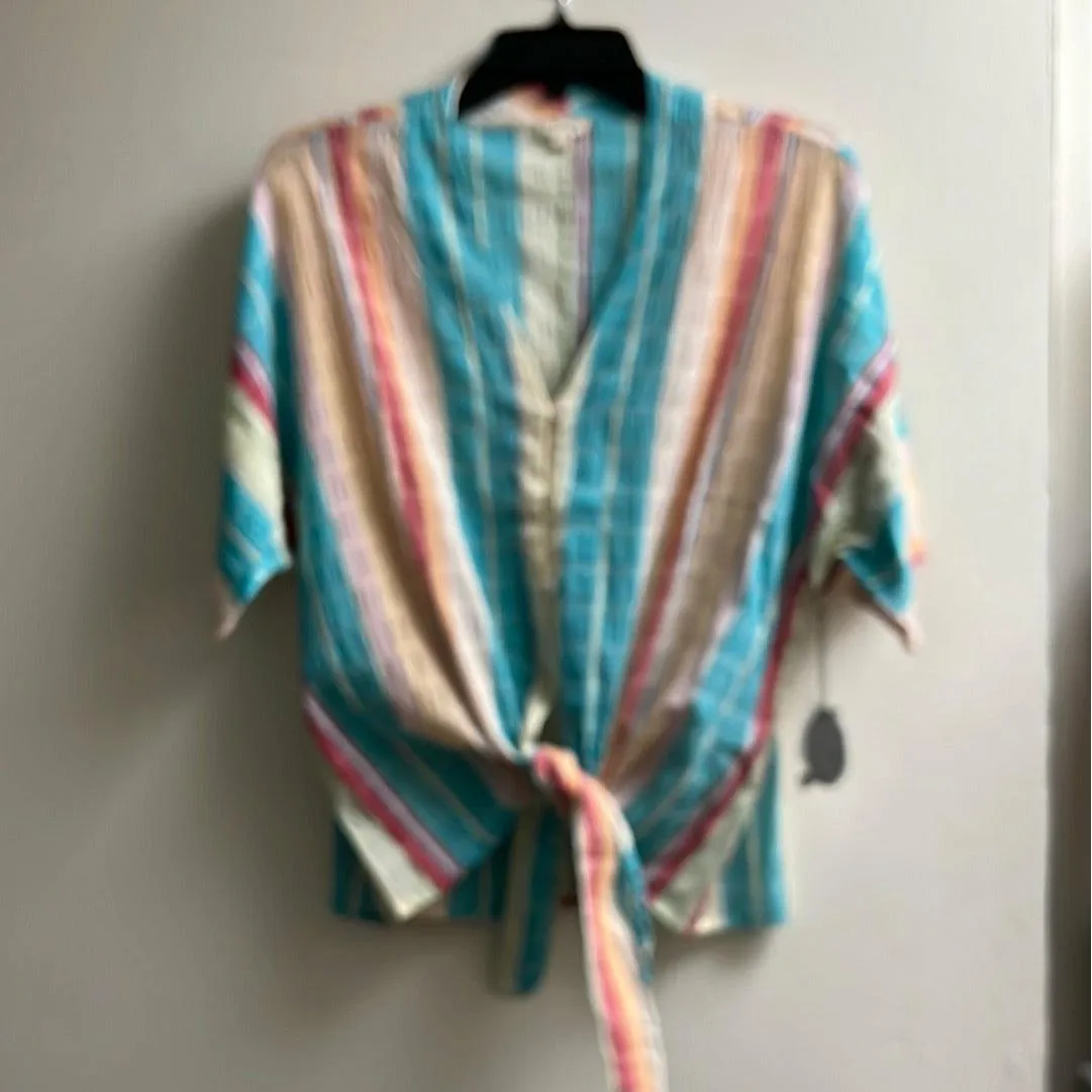 Multi Stripe Short Sleeve Front Button Blouse