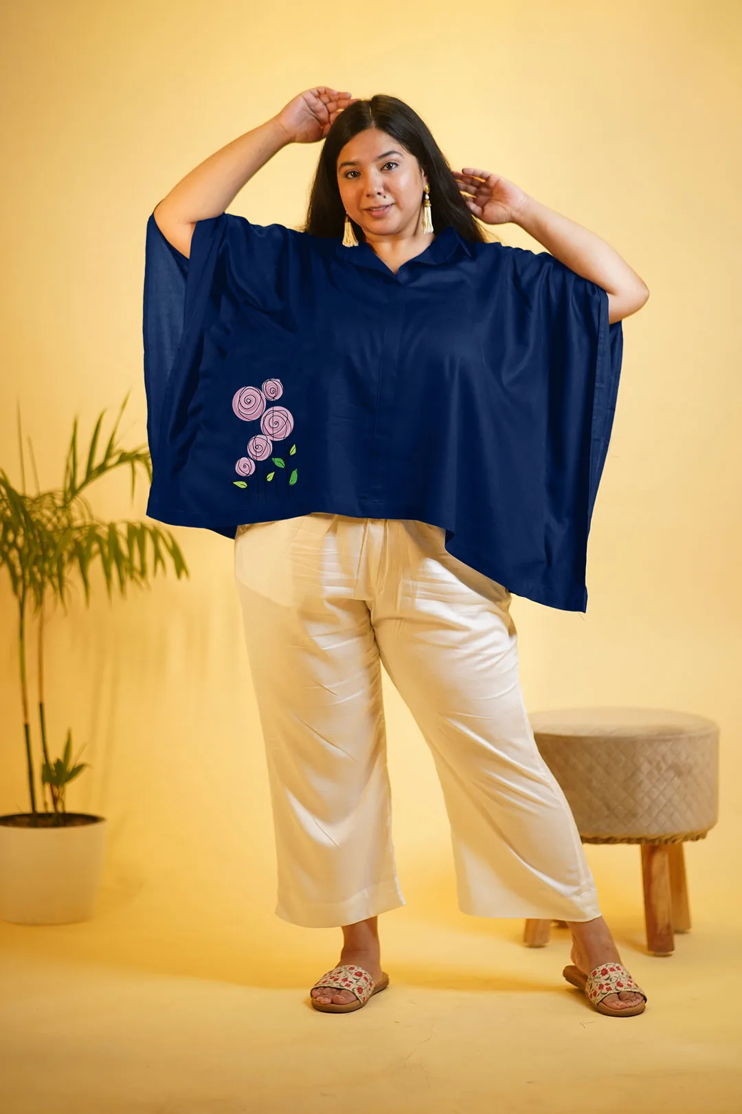 Navy Rayon KaftanTop & MilkyWhite Palazzo - Pinkflair