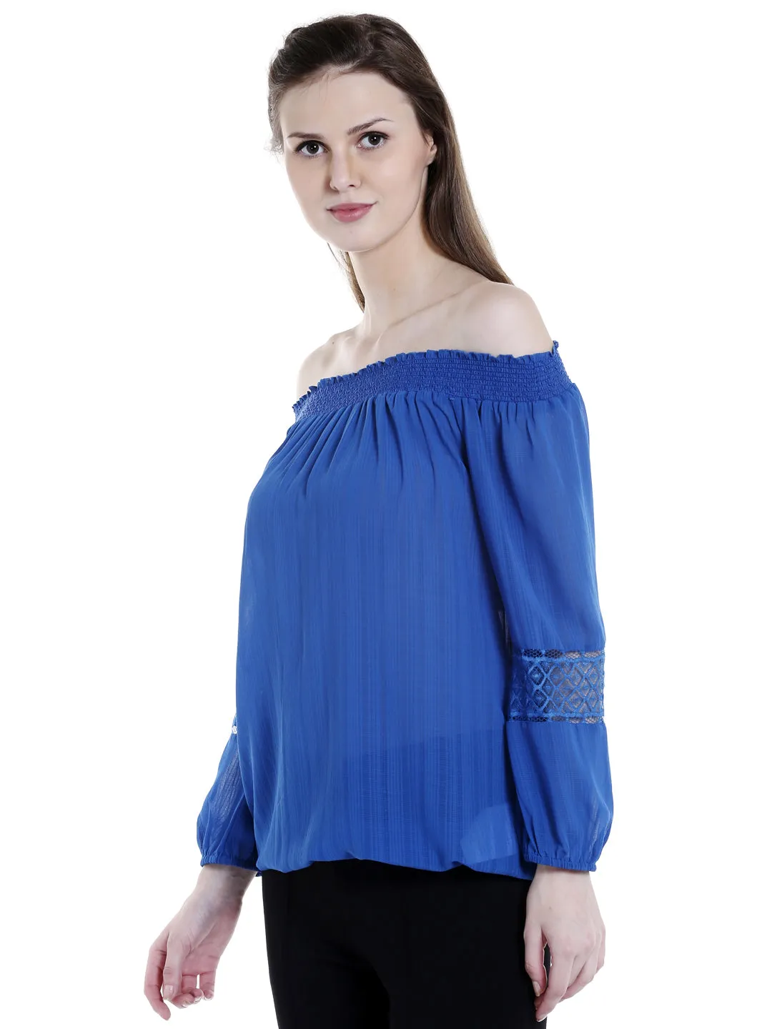 Off Shoulder Blue Solid Top