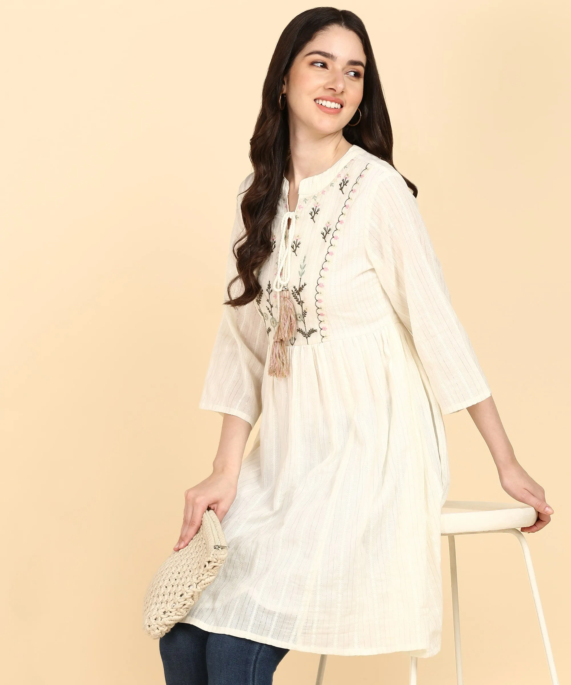 Off-white Cotton Lurex Embroidered Tunic