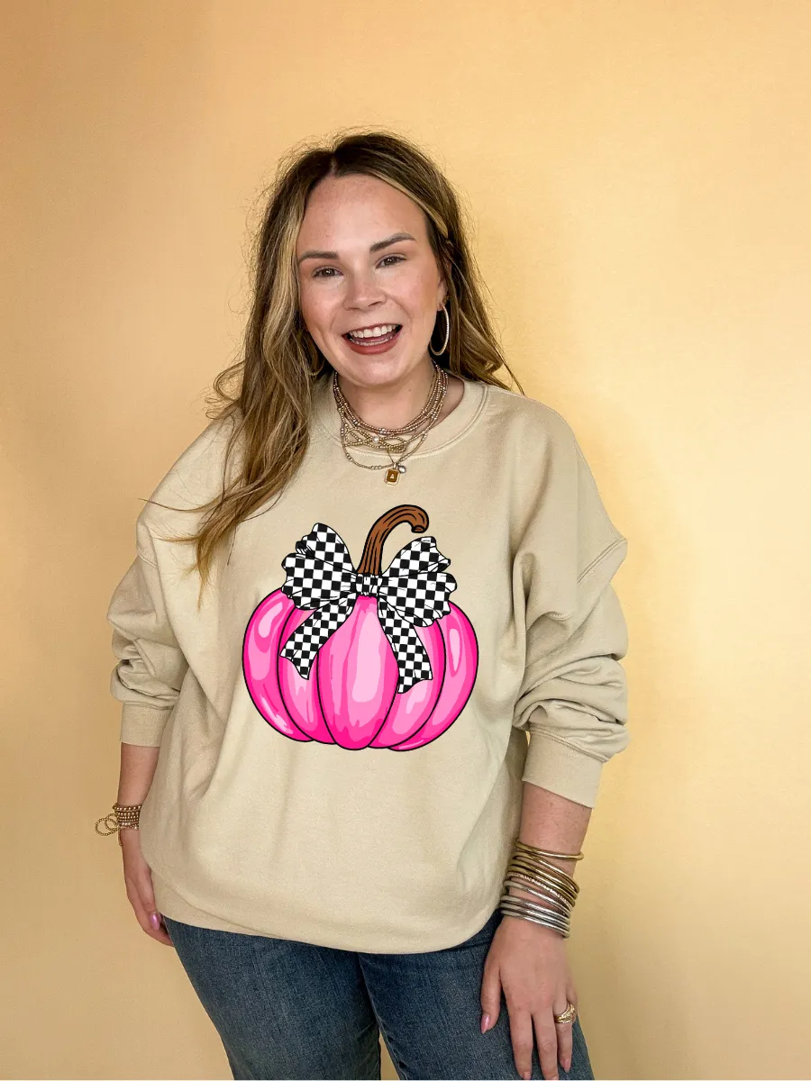 Online Exclusive | Pretty in Pink Hot Pink Pumpkin with Checkered Bow Graphic Sweatshirt in Multiple Color Options