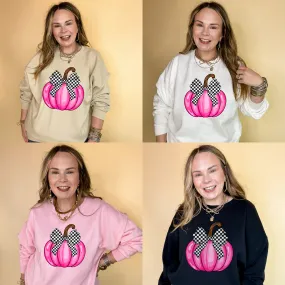 Online Exclusive | Pretty in Pink Hot Pink Pumpkin with Checkered Bow Graphic Sweatshirt in Multiple Color Options