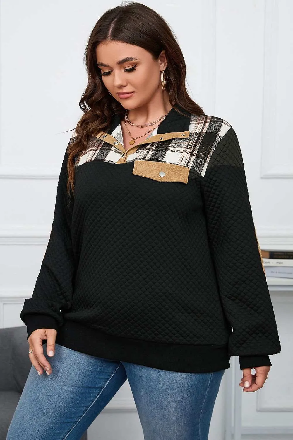 Plus Size Waffle-Knit Collared Neck Sweatshirt - Stylish Comfort