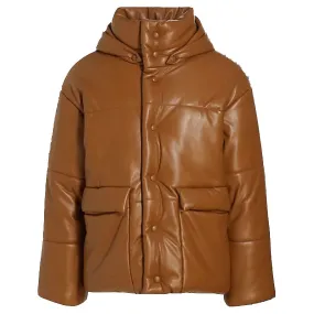 Puffer Leather Bomber Jacket in Brown - Leather Down Jacket