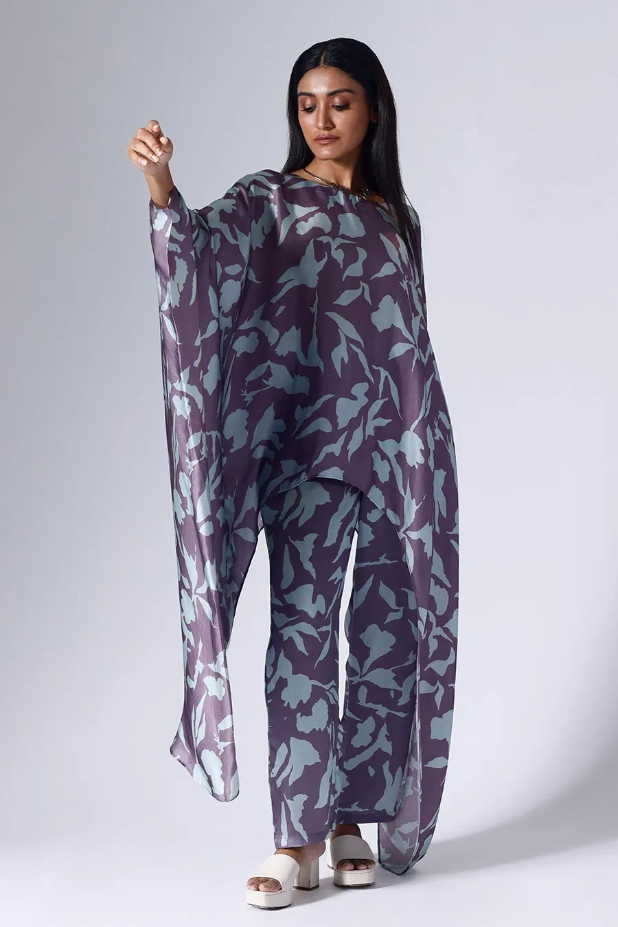 Purple & Blue Foliage Poncho Set