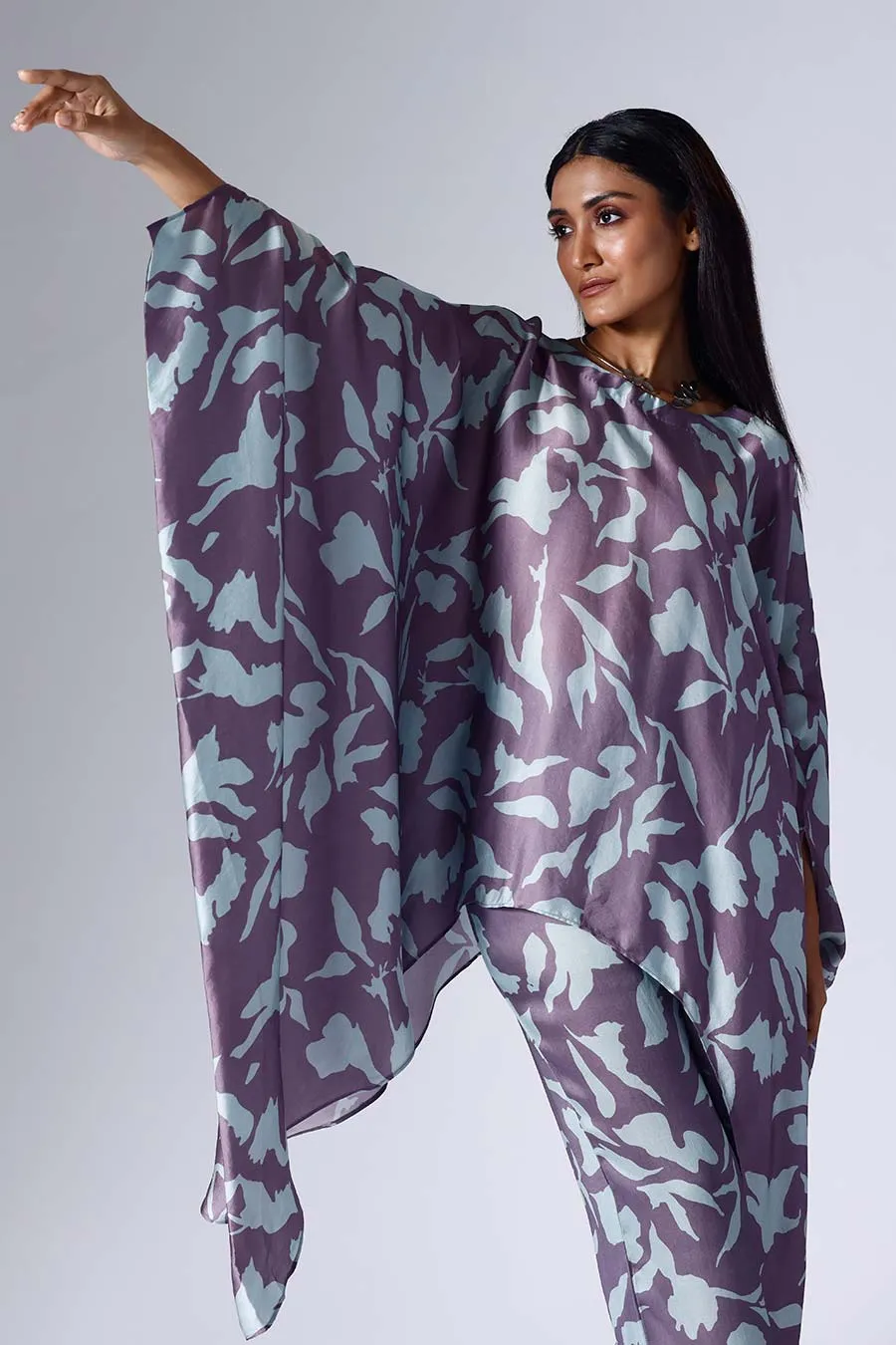 Purple & Blue Foliage Poncho Set