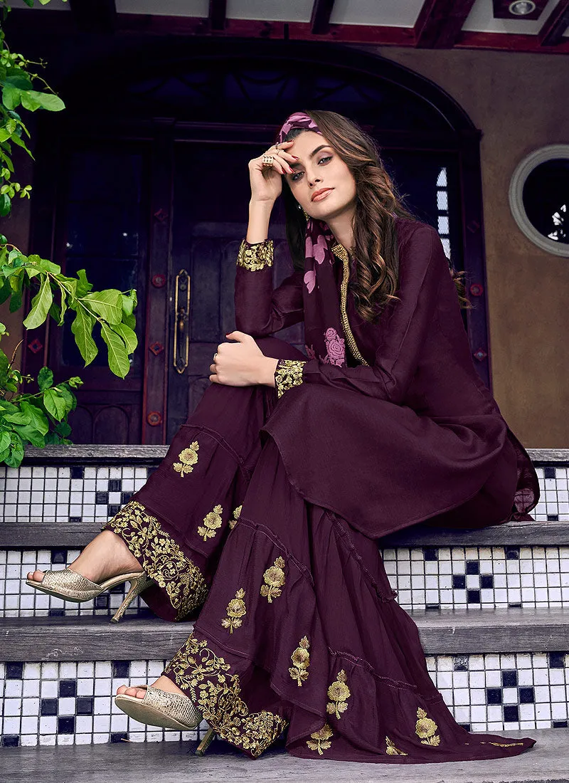 Purple Overall Golden Embroidered Palazzo Suit Set