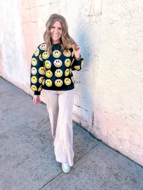 Queen of Sparkles: Black and Yellow Scattered Smiley Face Sweater