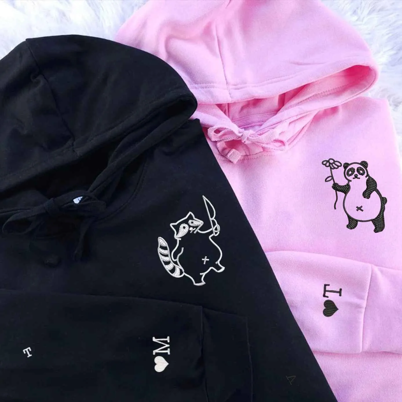 Raccoon & Panda Matching Couple Hoodies - Custom Embroidered Sweatshirts For Couples